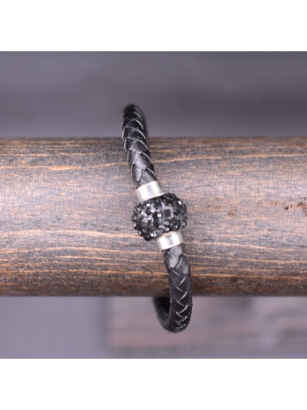 Braided‎ Black Leather Bracelet With Black Rhinestone Bead & Magnetic Clasp
